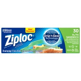 Ziploc XL Snack and Sandwich Bags for On-The-Go Freshness, Grip 'n Seal Technology for Easier Grip, Open and Close, 30 Count