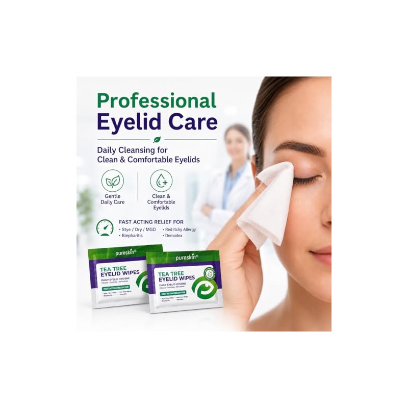 Pureskin Eyelid Wipes with Tea Tree Oil - No-Rinse Eye
