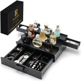 BLISSORE Cologne Organizer for men - Cologne Display Holder and Perfume Stand - Essential Wood Perfume Organizer with Drawer Storage for room décor for Men & Women