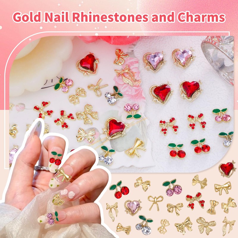 Tatiwoo 18 Styles Gold Bows Nail Charms, Cherry Heart Bow