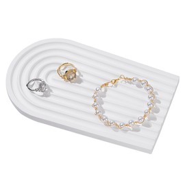 DELORIGIN Gesso Jewelry Plate White Cosmetics Jewelry Organizer Bathroom Vanity Tray Gesso Accessories Storage Plate Arch Trinket Display Tray for Earrings Necklace Photography Props