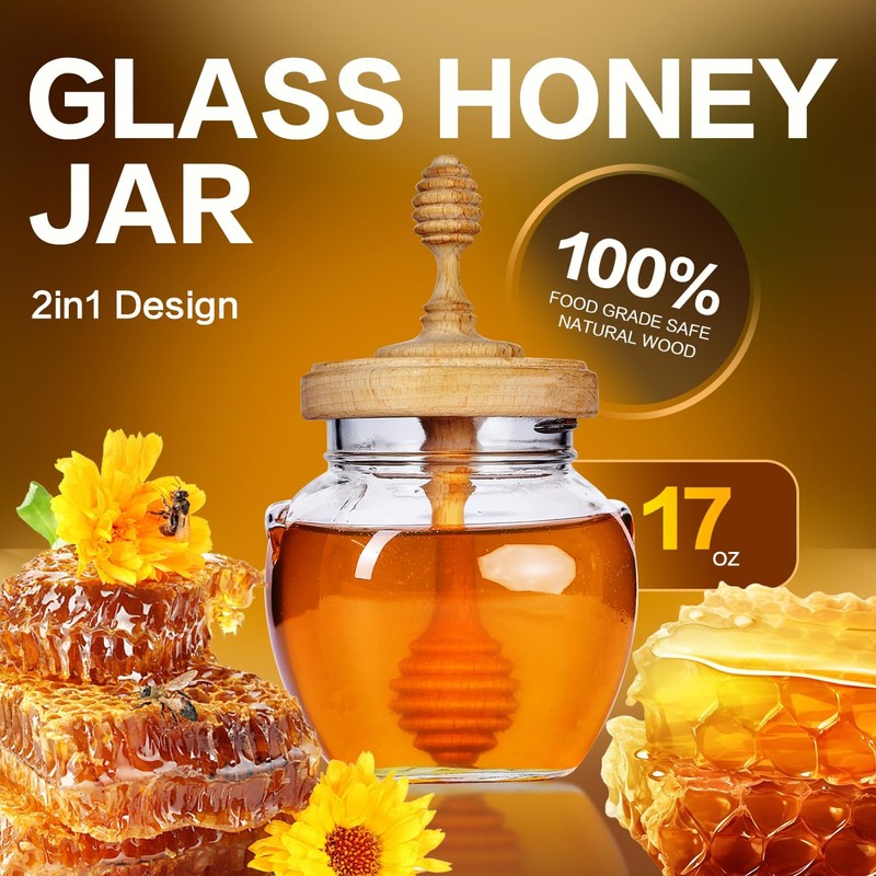 Bitbat Honey Pot 17oz Glass Honey Jar with Dipper, Wooden
