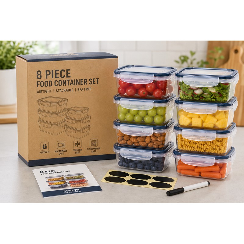 Pack-8 BPA-Free Airtight Food Containers with Locking Lids - Clear