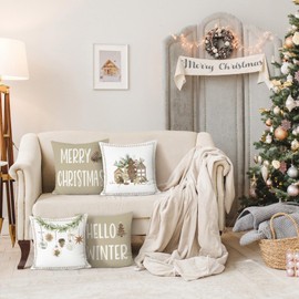 Bonhause Merry Christmas Cushion Covers 45 x 45 cm Xmas Trees Balls Pine Leaves Cones Decorative Throw Pillow Covers for Sofa Couch Bed Home Winter Holiday Decor Set of 4