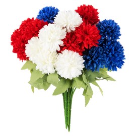 PARBEE Artificial Marigold Flowers, 6 Pack Patriotic Flowers Bouquet with 36 Silk Flower Heads for 4th of July Memorial Day Table Centerpiece Vase Decor - Red, White, Blue