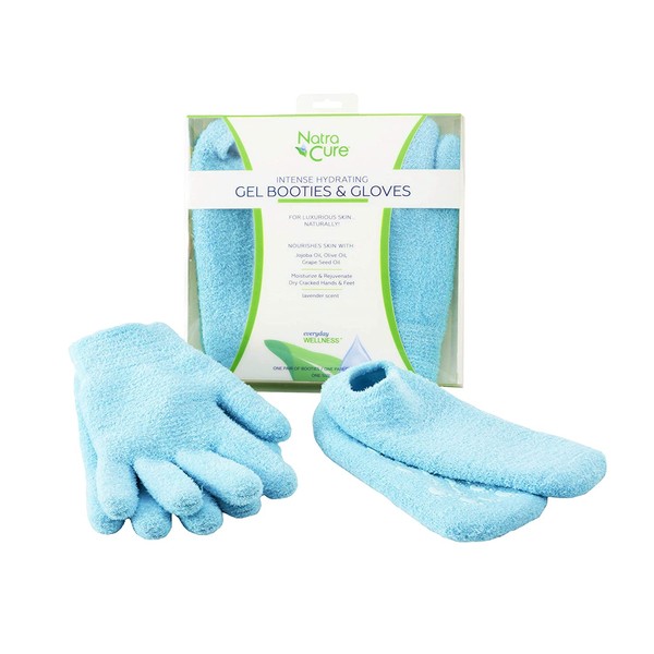 NatraCure Moisturizing Gel Booties and Gloves Set - (For dry skin, dry hands, feet, cracked heels, cuticles, rough skin, dead skin, use with your favorite lotions) - 155/175-AQ/RET - Color: Aqua