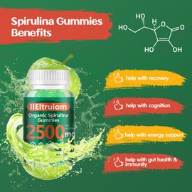 IIEltruiom Spirulina Gummies, Organic Spirulina 2500mg Enhanced Daily Energy - Your Daily Super Greens with Sea Moss, Chlorophyll, GLA, Non-GMO, Gluten Free, 60 Vegan Gummies