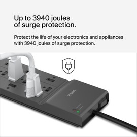 Belkin Power Strip Surge Protector with 8 Outlets, 6 ft Long Flat Plug Heavy Duty Extension Cord + Overload Protection for Home, Office, Travel, Compuer Desktop & Phone Charging Brick (3,550 Joules)