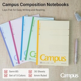 KOKUYO Cuadernos de Composición, Paquete de 5 Cuadernos Campus Semi-B5 con Rayado B de 6mm, 30 Hojas, Cuaderno Clásico de Rayas Escolares, Cuaderno Di