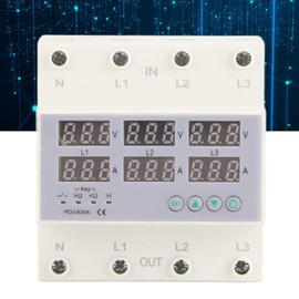 3 Phase DIN Rail Voltmeter Power Meter, AC 390‑500V Digital Ammeter Automatic Overvoltage Overcurrent Protector, 3 Phase Watt kwh Amp Electricity Tester (63A)