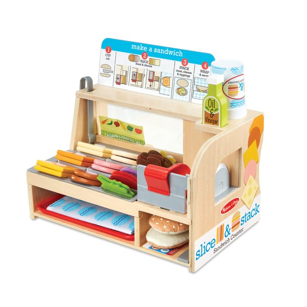 Melissa & Doug Wooden Slice & Stack Sandwich Counter with Deli Slicer – 56-Piece Pretend Play Wooden Food Toys, Kitchen Food Set For Toddlers And Kids Ages 3+