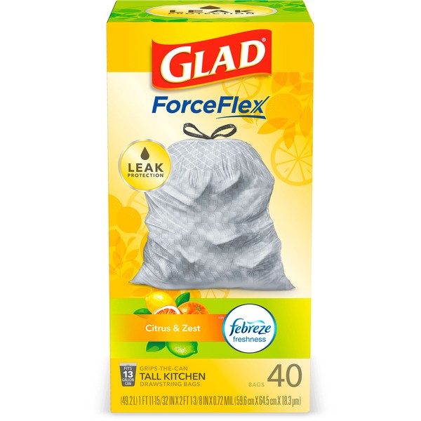 Glad ForceFlex Tall Kitchen Drawstring Trash Bags, Citrus & Zest, 13 Gal, 40 Ct (Package May vary)