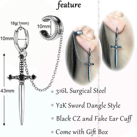 PunkTracker Hypoallergenic Surgical Steel Gothic Sword Earrings for Women Black Cubic Zirconia Punk Dagger Y2K Emo Earrings for Men, Stainless Steel, not known