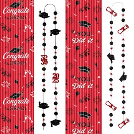 2025 Graduation Decorations 2 Pack Foil Fringe Curtains and 2 Pack Garlands Red and Black Banner Bunting Streamer Backdrop for Graduation Party Supplies