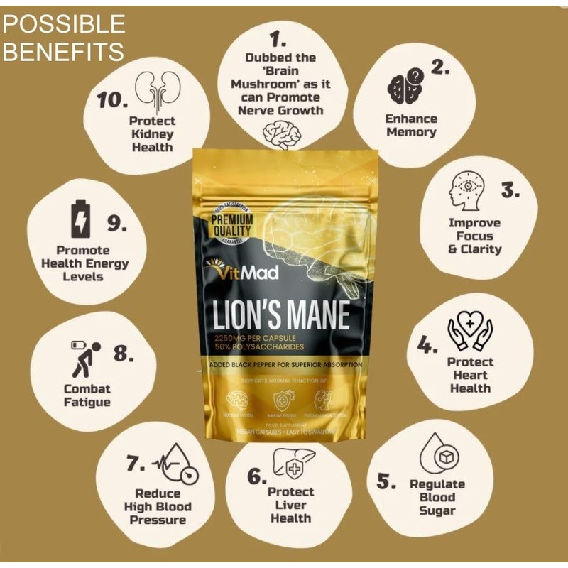 Lions Mane Supplement 2250mg per Capsule - 1 a Day
