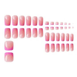 48 Pcs Pink French Tip Press on Nails & Press on Toenails Set, Short Fake Toe Nails Glossy Acrylic Artificial ToeNails Square False Nails Full Cover Stick on Nails for Women