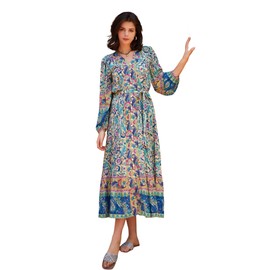 R.Vivimos Women's Long Sleeve Boho Midi Dress V Neck Floral Print Casual Button Down Loose Ruffle Beach Long Dress with Belt (X-Large, Green)