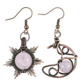 Nupuyai Boho Gothic Sun and Moon Crystal Dangle Earrings for Women, Asymmetrical Copper Wire Sun Moon Stone Drop Earrings for Ladies, Rose Quartz
