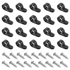HARFINGTON 50pcs Cable Clamps 3/4 Inch R-Type Nylon Cable Clip Wire Clamp Rope Light Mounting Cord Fastener Clips with Screws for Wire Management, Black