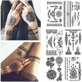 Yesallwas Tattoo Stickers, Henna, Realistic, Large, Set of 6, Metal, Stars, Feathers, Sea, Flowers, Sparkly Tattoo Stickers, Body Stickers, Women's Arms, Legs, Body, Back, 5.9 x 8.3 inches (15 x 21 cm) (H)