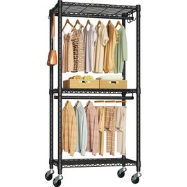 FUTASSI P3 Mini Rolling Clothes Rack, Clothing Racks for Hanging Clothes, Heavy Duty Garment Rack with Wheels, Freestanding Portable Closet Rack 23.6'' W x 14'' D x 74.5'' H, Max Load 430 Lbs, Black