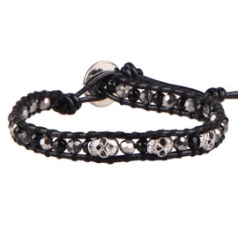 KELITCH Women's Onyx Bracelets 925 Silver Plated Skull Bracelet Turquoise Strand Bracelets, Leather, Onyx