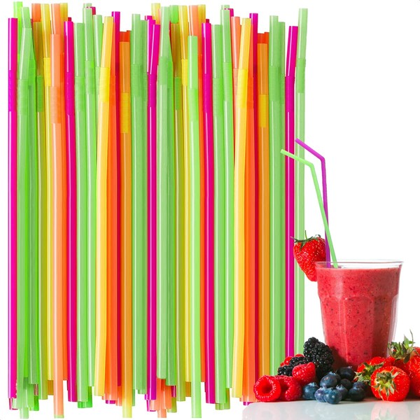 Plastic Drinking Straws Neon Straws - 200 Pack Colorful Cocktail Straws Disposable - Extra Long Straw Reusable Straws Bulk - 17" Drinking Straws Flexible Twisty Bendy Straws Drinking Assorted Colors