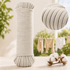 Natural Cotton Washing Line Rope 25m x 5.5mm, Braided Clothes Line for Outside, Strong Soft Outdoor Laundry Line, Tear Resistant White Pulley Rope - 130kgs Pulling Force