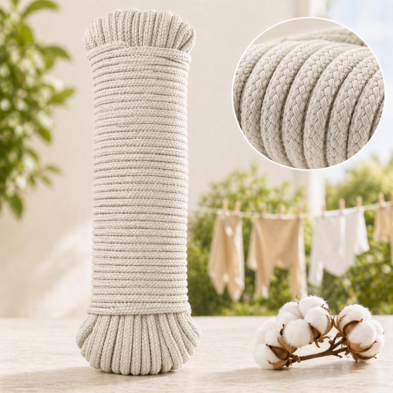 Natural Cotton Washing Line Rope 25m x 5.5mm, Braided Clothes