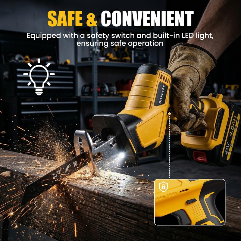RAYLEEY Cordless Reciprocating Saw, Brushless Motor, 2x4000mAh Battery, 8 Saw