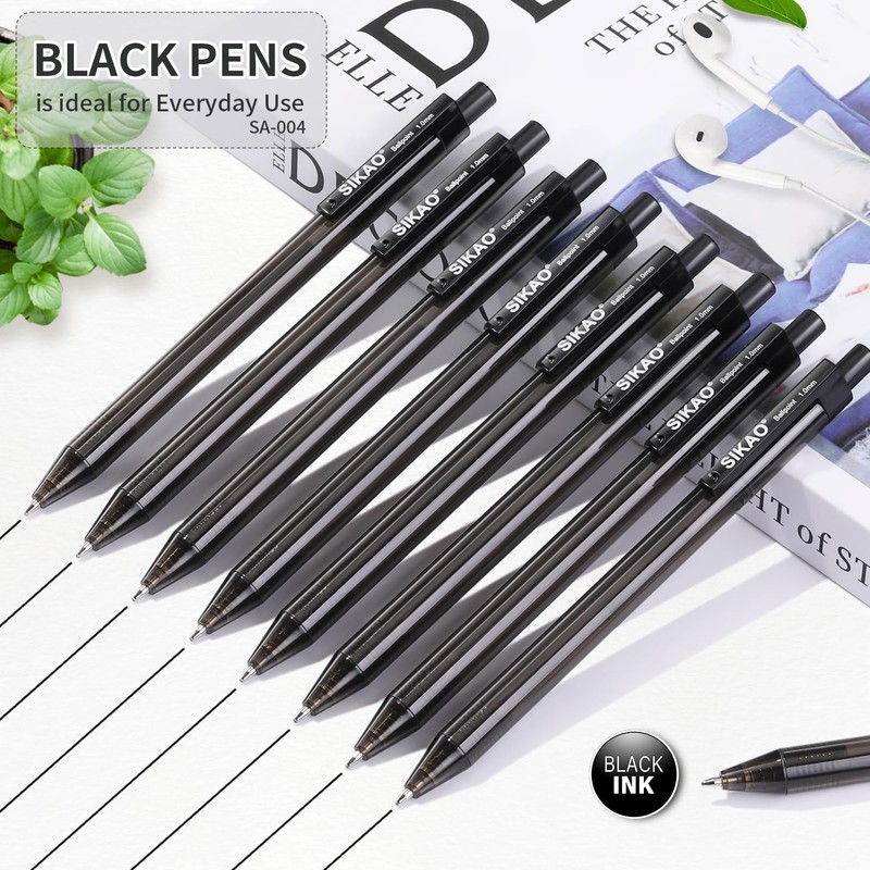Sikao Black Pens Bulk, 60 Pack Retractable Ballpoint Pens, Black