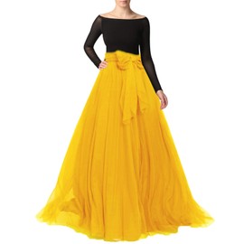 Women Maxi Long Tulle Skirt Floor Length with Bowknot High Waisted for Wedding Party Dress, Yellow, Plus Size,US 16-26W