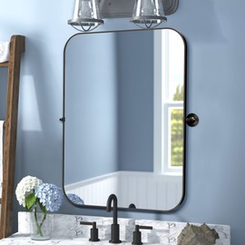 NeuType Bathroom Mirrors for Wall, Farmhouse Mirror Wall Mirror Pivot Bathroom Mirror for Entryways Living Rooms Metal Frame, Round Corner, Matt Black 23"x 32"