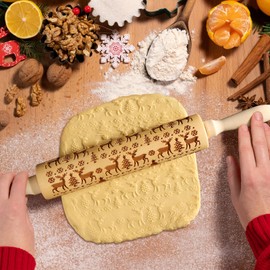 Embossed Wooden Rolling Pin, Natural Wood with Carved Snowflake, Elk, and Tree Patterns. Ideal for New Year and Valentine's Day Baking Embossed Cookies and Gift for Kids and Adults
