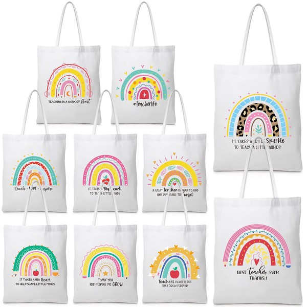 Silkfly 10 Pack Rainbow Teacher Tote Bags Gift for Graduation, Teacher's Day, End of Semester, Retirement Teacher Appreciation Gift Reusable Canvas Bags for Women 15 x 14 Inch