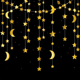ZEYIYER 52Ft/12m Gold Star Garland, Moon Stars Bunting Decoration