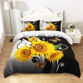 AILONEN Black and White Duvet Cover Set King Size, Yellow Sunflower Bedding Set for Girls Kids Women,Soft Breathable Microfiber Comforter Cover with 2 Pillowcases