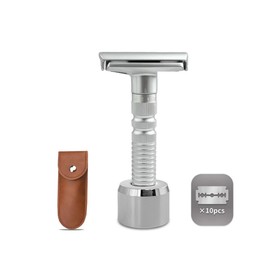 Adjustable double-edged safety razor with 10 platinum-plated stainless steel razor blades + optional stand + complimentary holster, reusable razor, smooth close shave (Silver + base + holster)