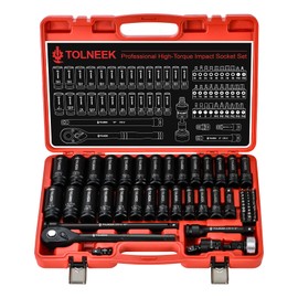 Tolneek 63-Piece 1/2" Drive Impact Socket Set, SAE (3/8 to 1 inch) and Metric (10-24mm) Socket Wrench Set with Extension Bars, Palm Ratchet Kit, CR-V Steel for Auto/Industrial Repairs