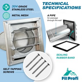 FilProfi - (5 Inch) Wall Vent Cover with Metal Mesh Screen,Exterior Hood Vent for House,Extended air Pipe.