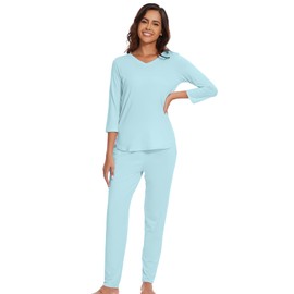 WiWi Viscose from Bamboo Womens Cute Pajamas Set 3/4 V-neck Sets Moisture Pjs S-XXL, Aqua, Medium