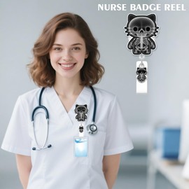 Funny Skull Cat Badge Reel for ID Card, Halloween Cute X-ray Cat Retractable Nurse Alligator Clip Badge Reel for Women, ID Name Tag Badge Holder for Office School Hospital Nurses Doctors Teachers