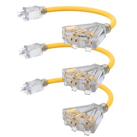 2FT 12 Gauge Outdoor Extension Cord with 3-Outlets, 3Pack, Heavy Duty 3 Prong Extension Cord Waterproof with Lighted end, 15A 12AWG 1875W SJTW, ETL Listed, Yellow