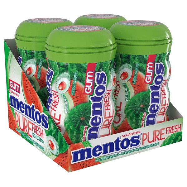 Mentos Pure Fresh Sugar-Free Chewing Gum with Xylitol, Watermelon, 50 Piece Bottle (Bulk Pack of 4)