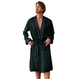 COLD POSH Men's Real Silk Robe Luxury Lightweight Bathrobe for Men Long Sleeve Mulberry Silk Sleepwear,Black & Dark Green Striped,L