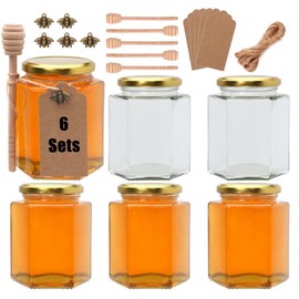 Woaiwo-q 16 oz Hexagon Glass Honey Jars, 6 Pack Hexagon Glass Jars with Gold Lids,Wooden Honey Sticks,Bronzy Bee Pendants,Big Tags,15m Jute Twine for Party Favors-Mason Jars for Foods,Jams