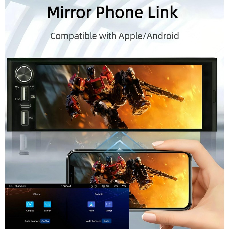 Single Din Car Stereo with Wireless Apple CarPlay Android Auto