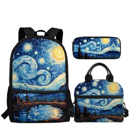 Oamsistay Van Gogh Starry Night 3Pcs Boys Backpack with Lunch Box Pencil Case Backpack School Backpack for Boys School Backpack with Compartments Casual Daypack Gift for Girls Boys