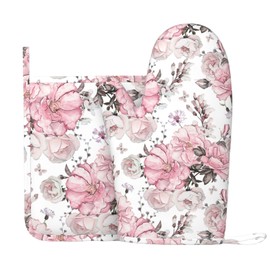Pink Flower Trendy Floral Watercolor Oven Mitts and Pot Holders Set of 2 Silicone Heat Resistant Oven Mitten Potholders Non Slip Gloves Kitchen Decor for BBQ Cooking Grilling Baking