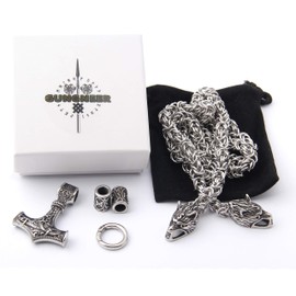 GUNGNEER Thor Hammer Pendant Viking Mjolnir Necklace for Men with Wolf Head King Chain, Stainless Steel, 2 Rune Beads Gift